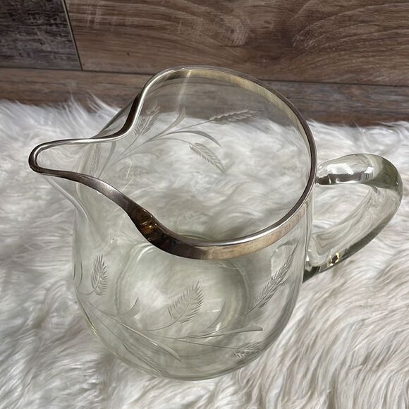 Etched Glass Pitcher with Silver Rim, Glass Handle , Large - Picture 2 of 6